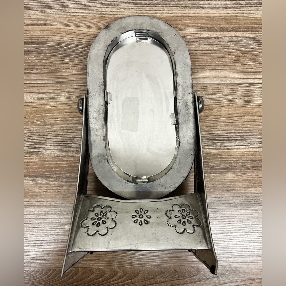 Vintage Mexican Punched Tin Vanity Mirror w/ Stand, Old Folk Art Southwestern - Picture 4 of 9